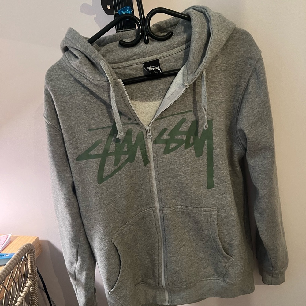 Stussy Gray Hoodie with Green Logo